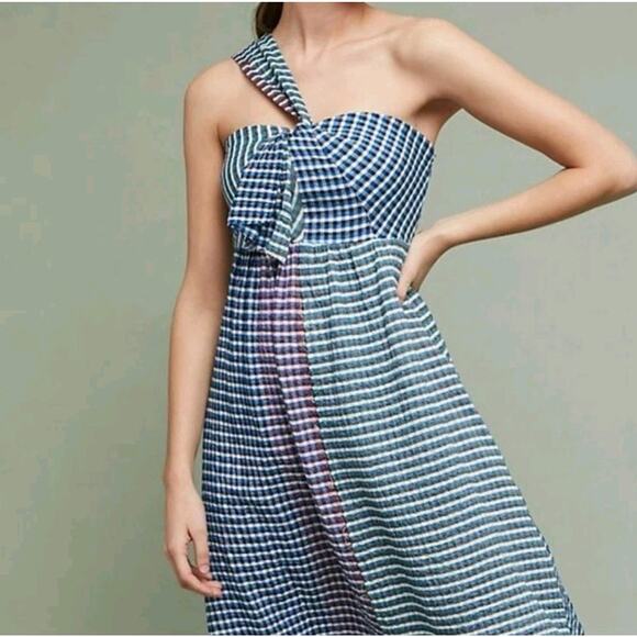 Anthro Maeve Waverly Midi Plaid One Shoulder Dress sz 2 Blue Multi Hanky Hem - Picture 2 of 15